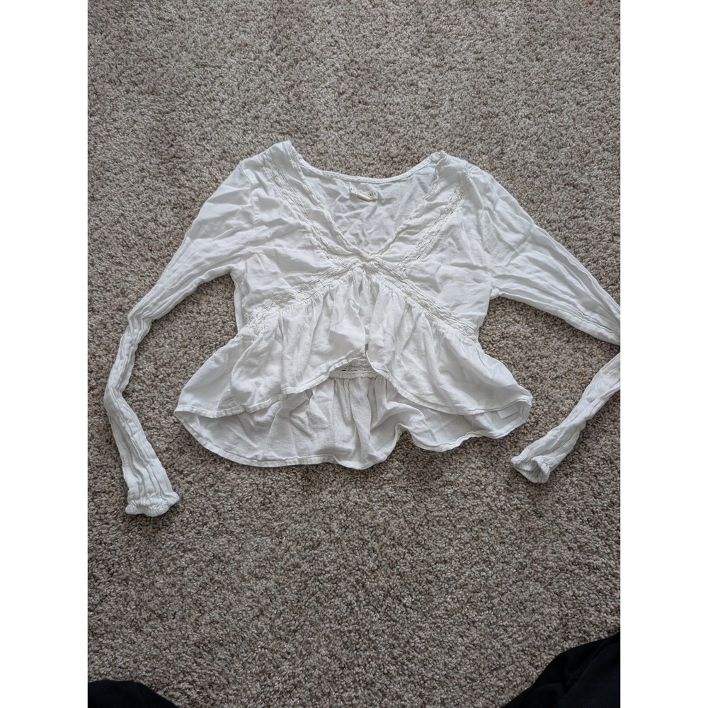 Aeropostale White Cotton Gauze Lace‎ Trim Peplum Blouse Free People Duupe XS